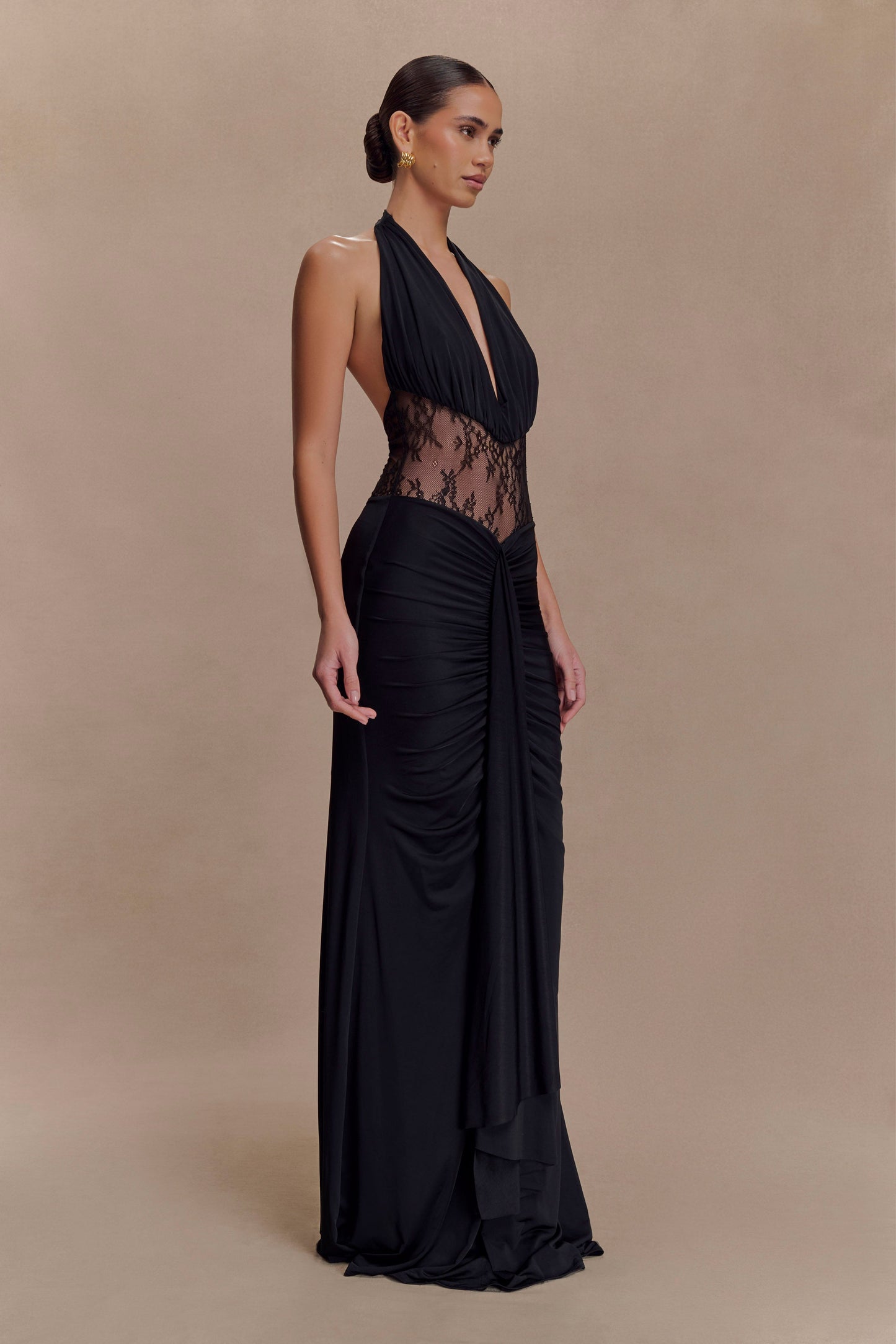 Vestido Maxilo Largo de Encaje y Rizo Bonnie - Negro
