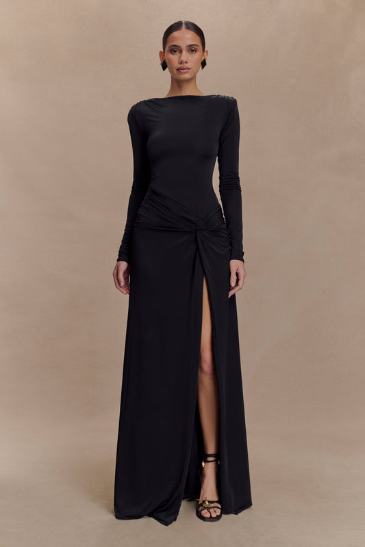Vestido largo de manga larga con fruncido Deanna - Negro