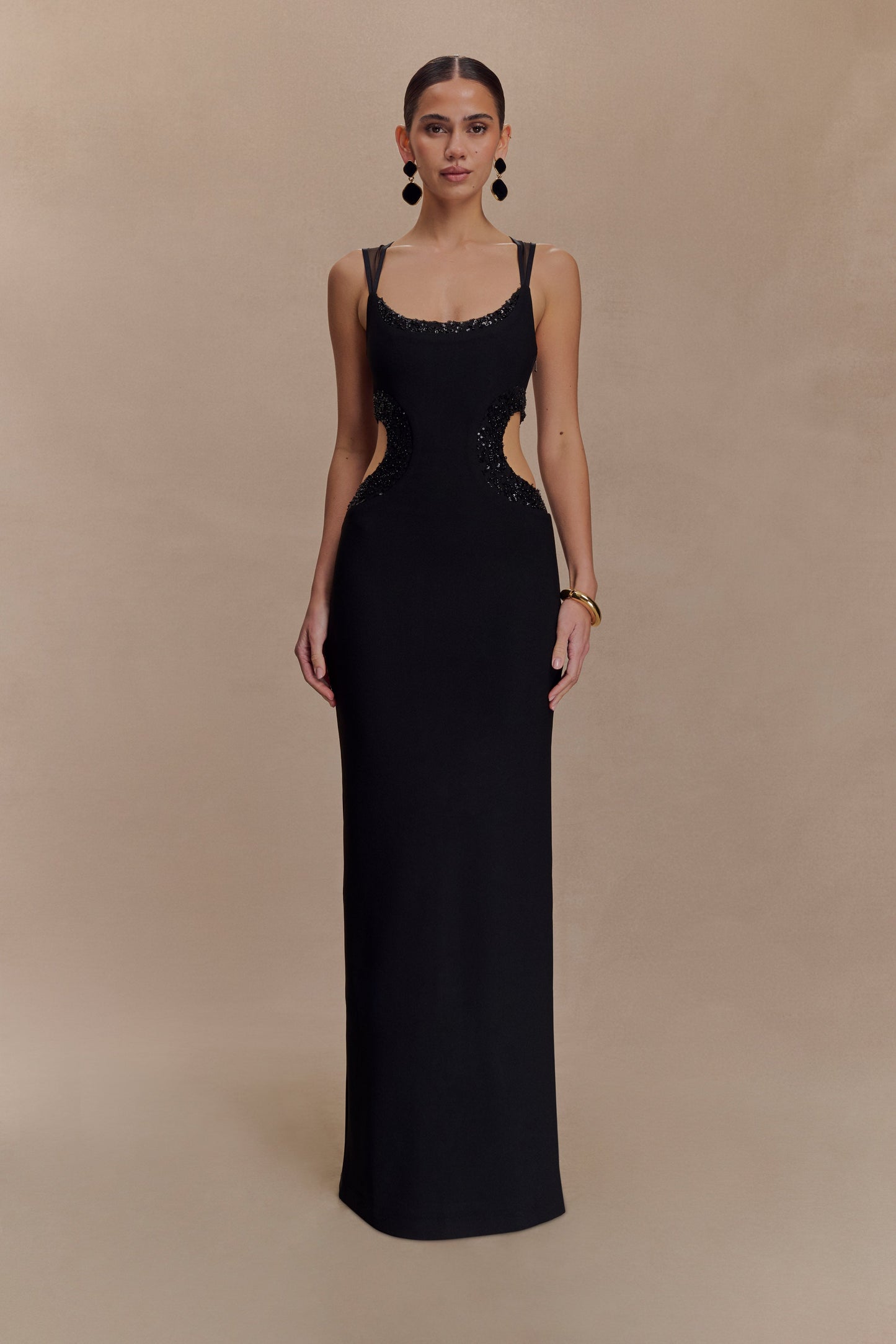 Vestido maxi de crepé con cuentas Angelique - Negro