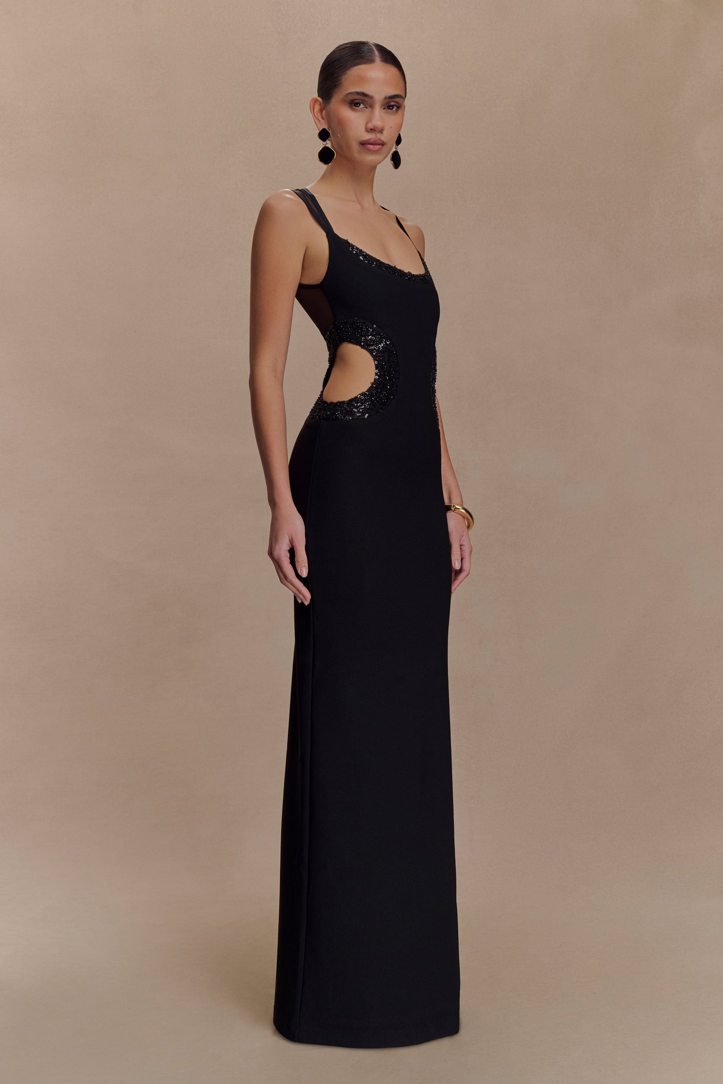 Vestido maxi de crepé con cuentas Angelique - Negro