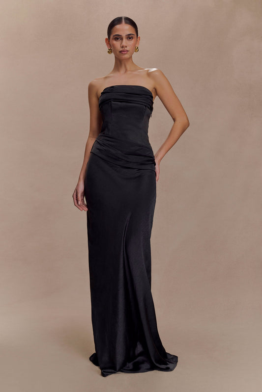 Vestido largo de satén sin tirantes con jazmín - Negro