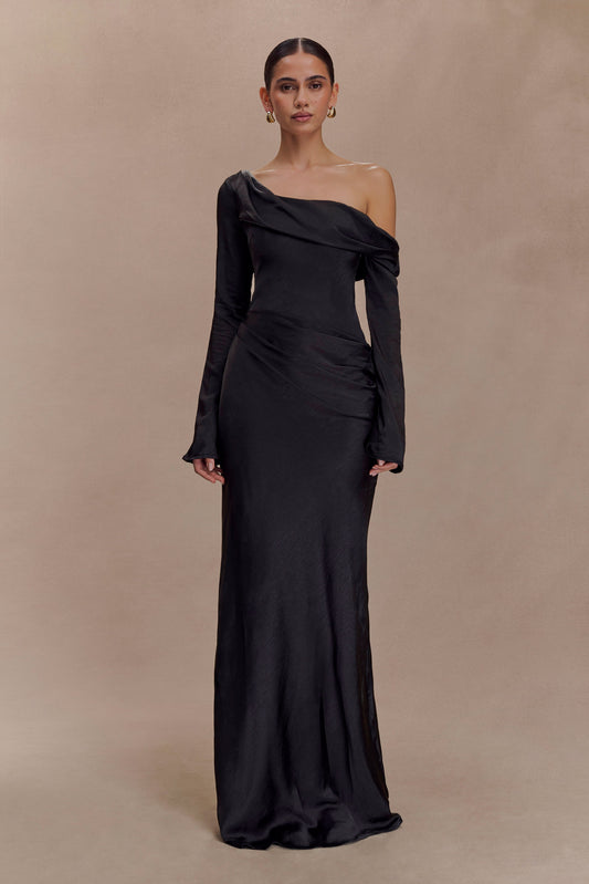 Vestido largo de satén con manga larga Iris - Negro