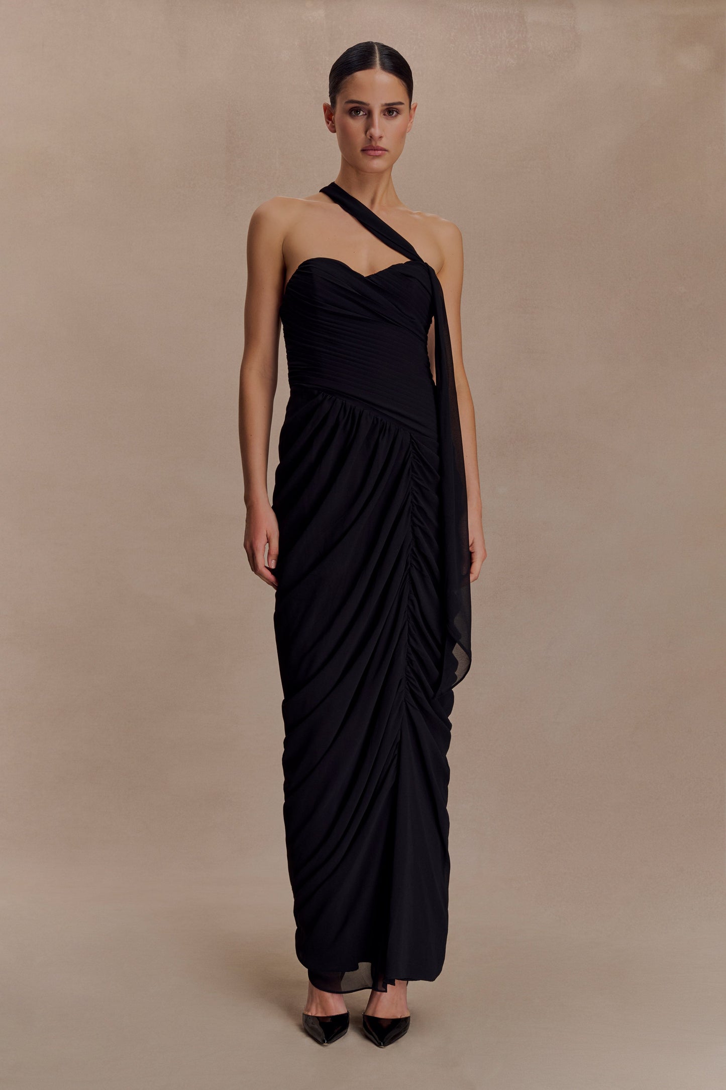 Vestido largo de gasa micaela con frunces - Negro