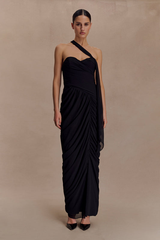 Vestido largo de gasa micaela con frunces - Negro