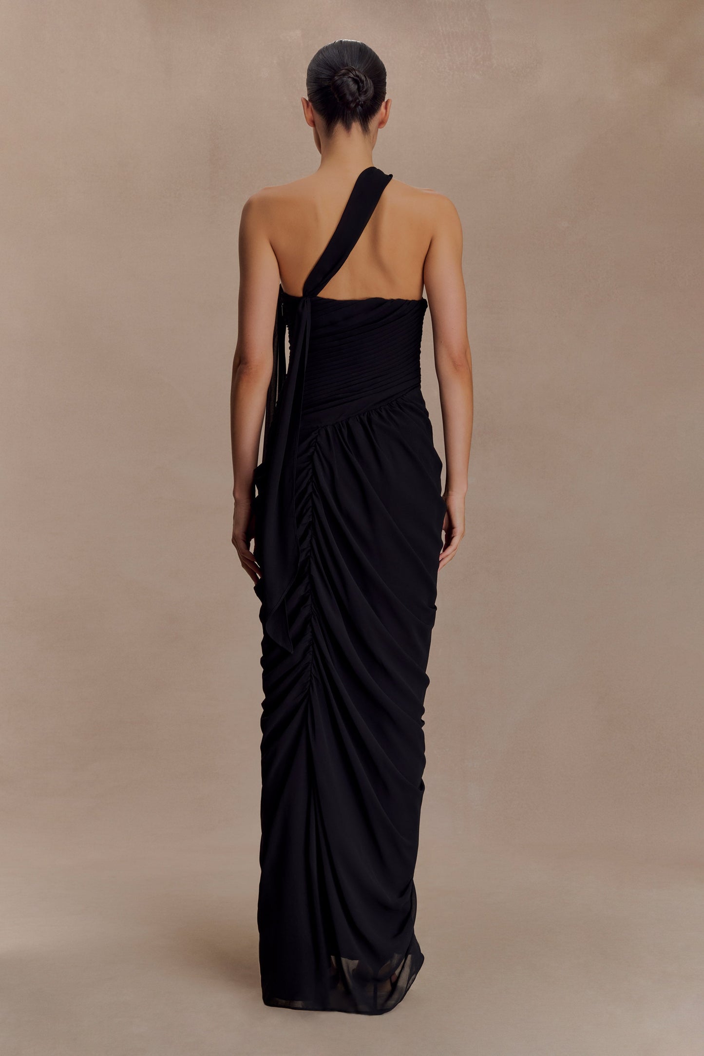 Vestido largo de gasa micaela con frunces - Negro