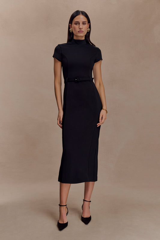 Vestido midi de crepé de manga corta Arwyn - Negro