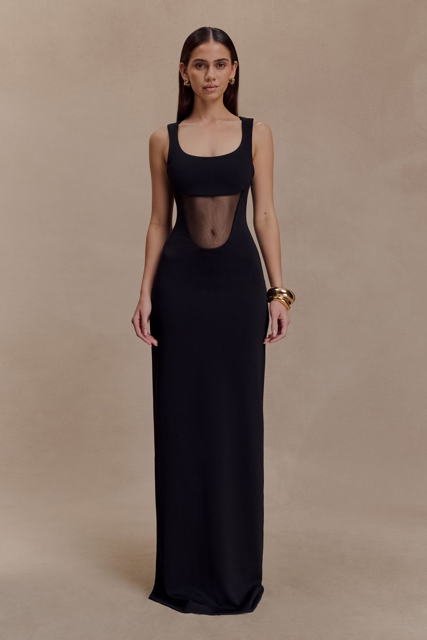 Vestido largo Marlon de crepé y malla - Negro