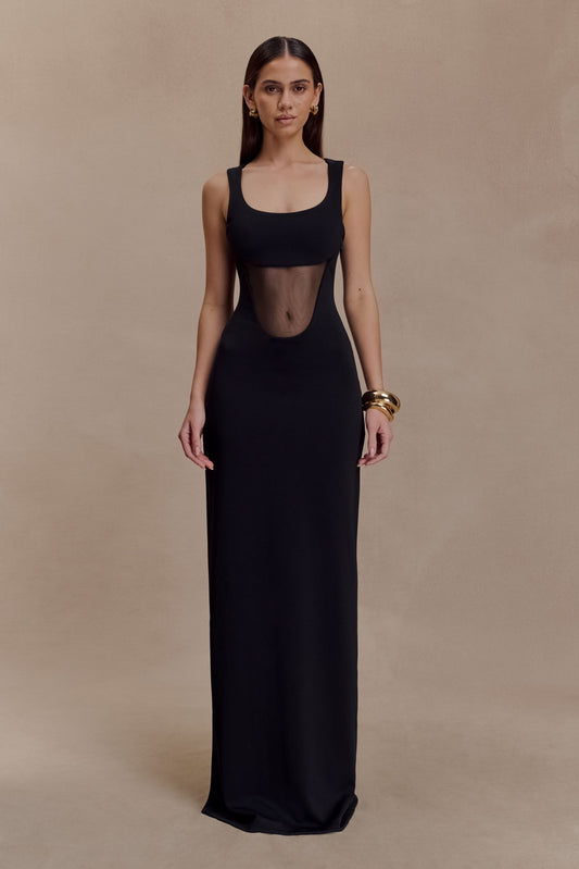 Vestido largo Marlon de crepé y malla - Negro