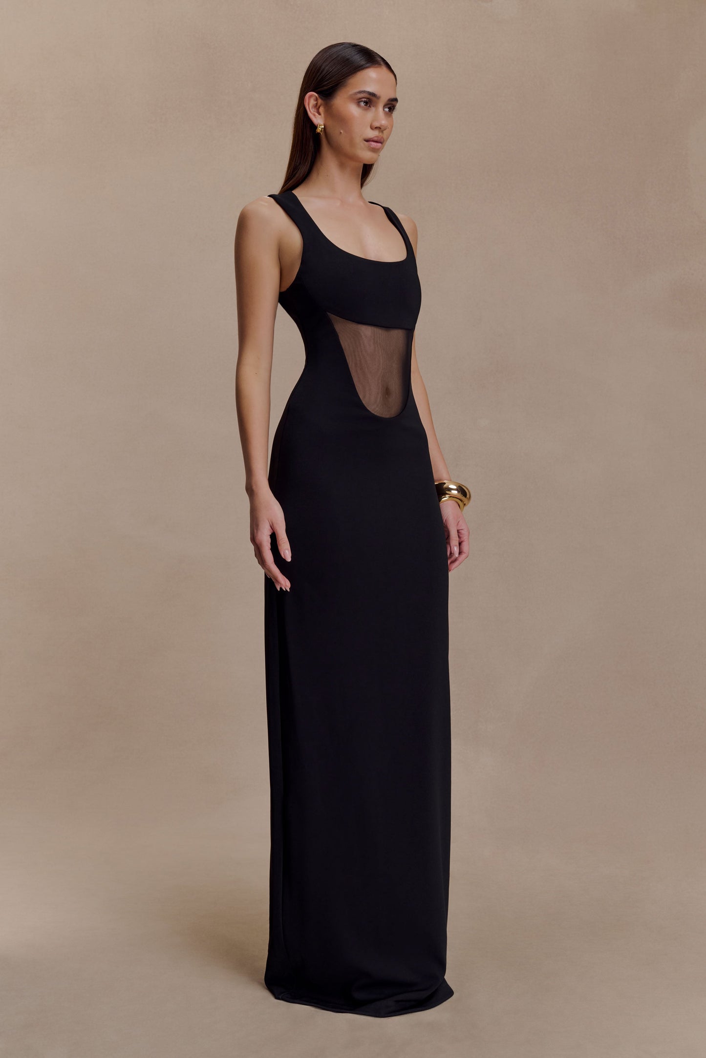 Vestido largo Marlon de crepé y malla - Negro