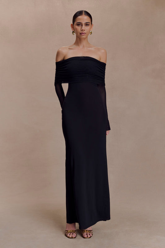 Vestido largo maxi transparente sin hombros Josie - Negro