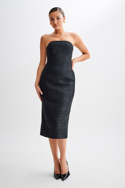 Vestido Midi sin Espalda con Tirantes de Tweed de Monet - Negro