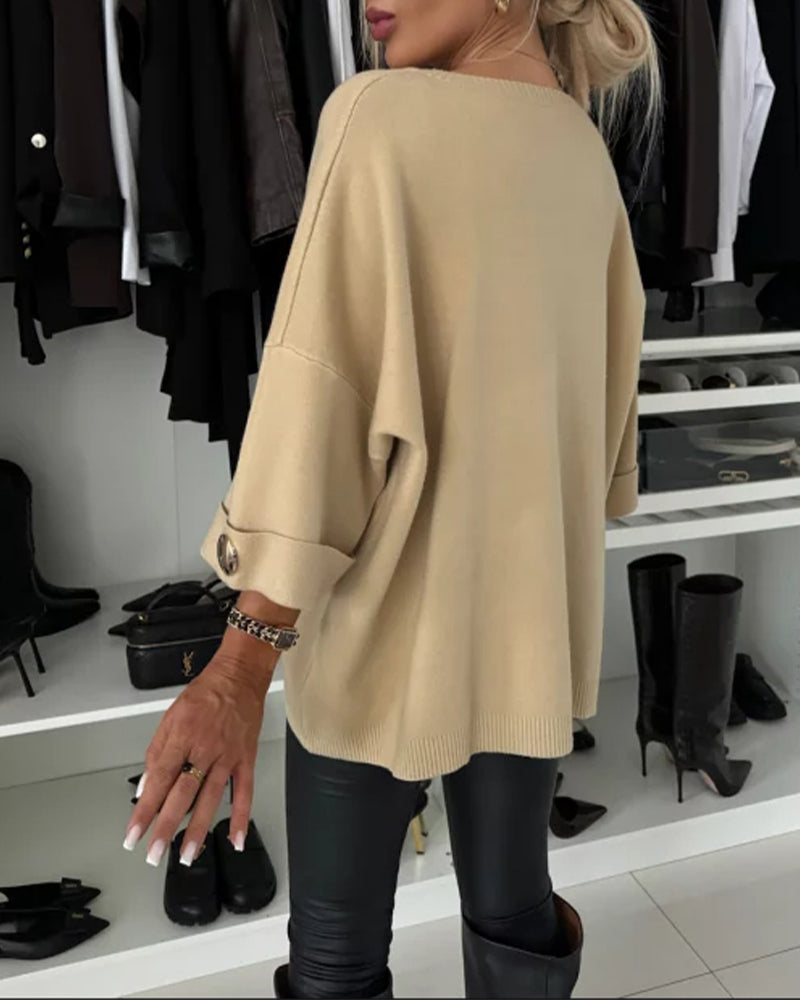 Pull de tendencia con botones y cuello redondo de color sólido