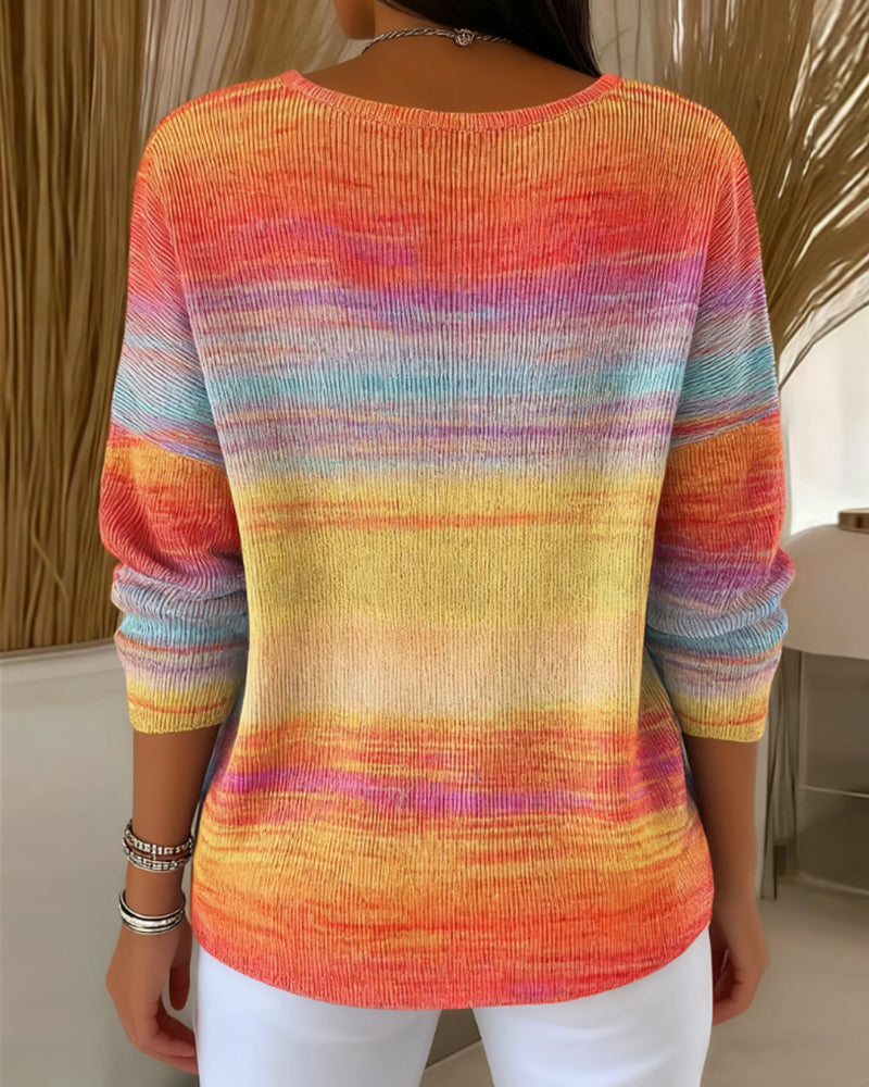 Blusa de Gasa con Cuello en V y Rayas arcoíris