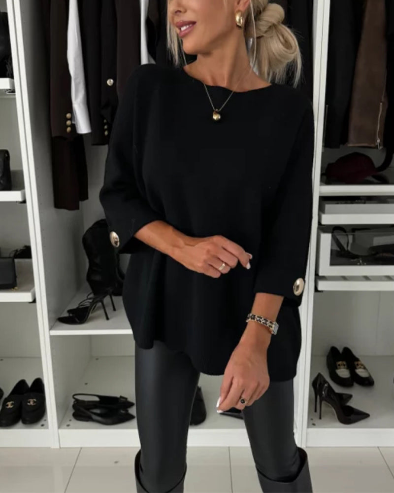 Pull de tendencia con botones y cuello redondo de color sólido