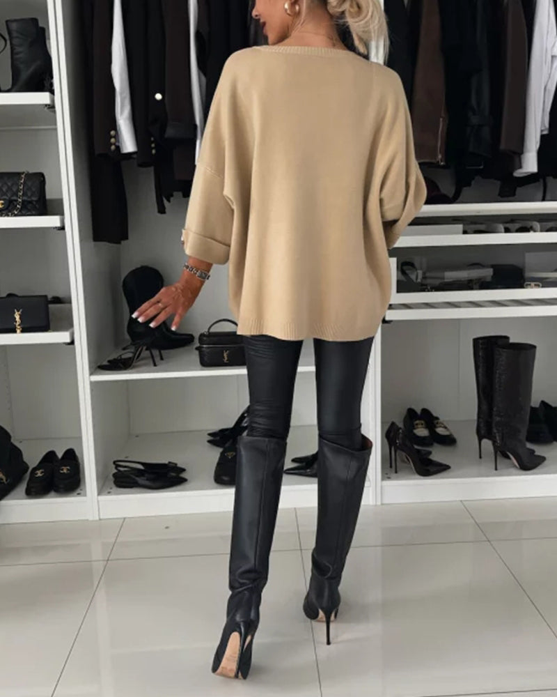 Pull de tendencia con botones y cuello redondo de color sólido