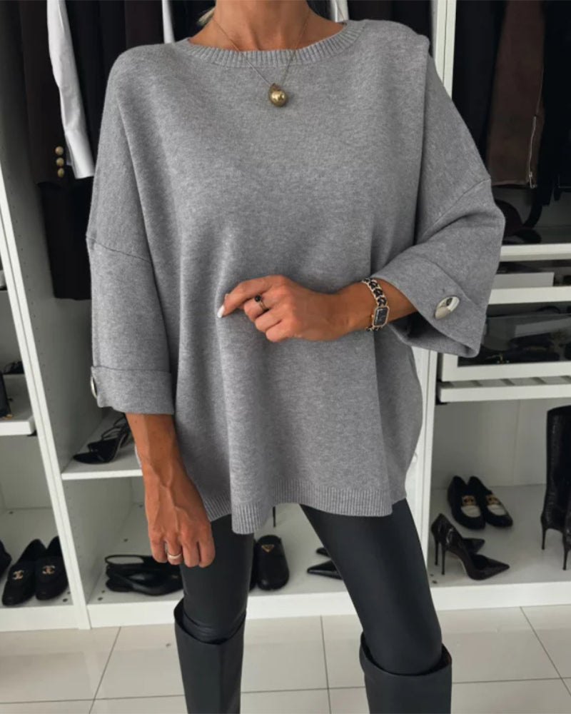 Pull de tendencia con botones y cuello redondo de color sólido