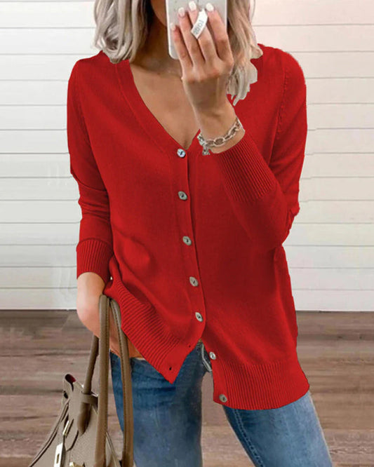 Blusa tricotada lisa con cierre de botones y escote en V para mujeres