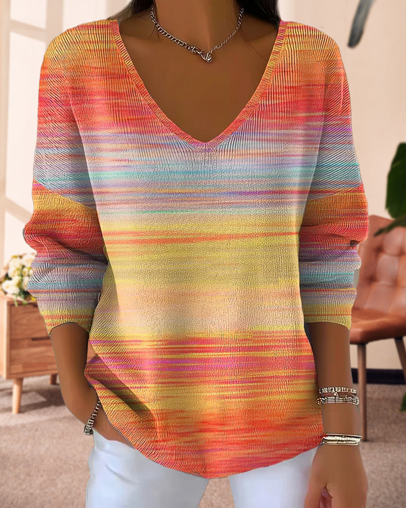 Blusa de Gasa con Cuello en V y Rayas arcoíris