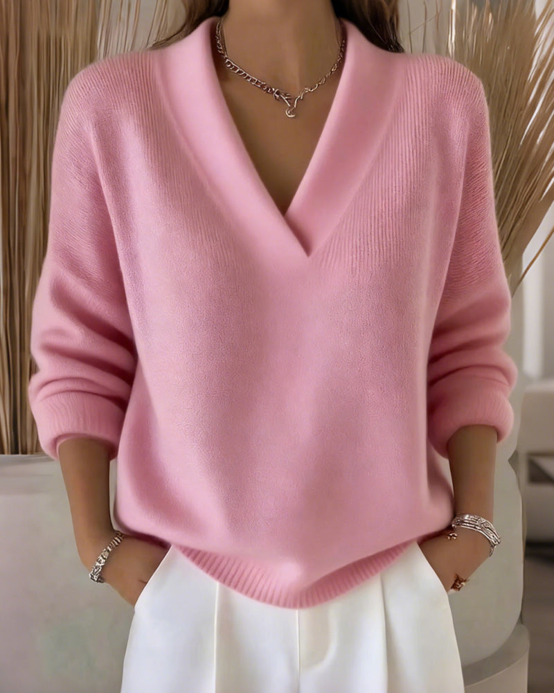 Pull de color sólido décontracté con escote en V