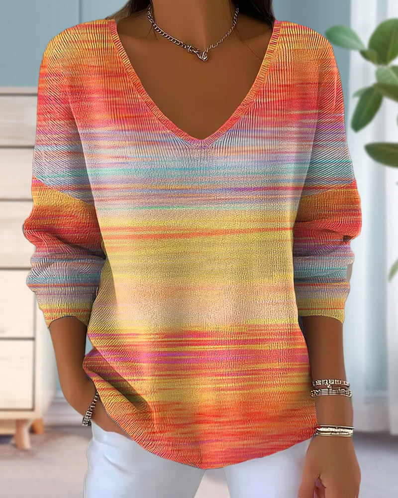 Blusa de Gasa con Cuello en V y Rayas arcoíris