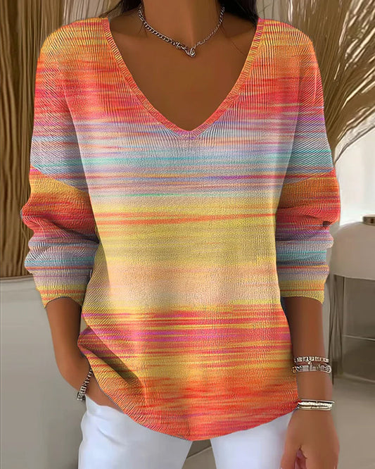 Blusa de Gasa con Cuello en V y Rayas arcoíris