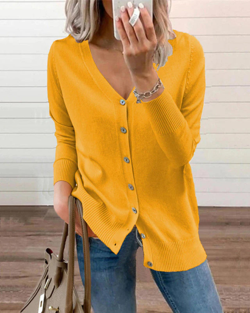 Blusa tricotada lisa con cierre de botones y escote en V para mujeres