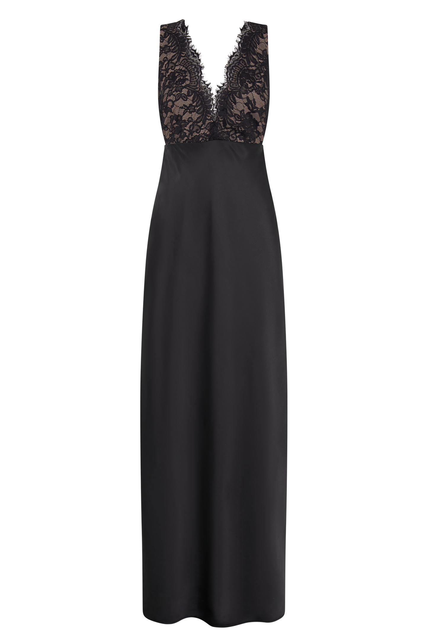 Vestido largo de satén y encaje Ricci - Negro
