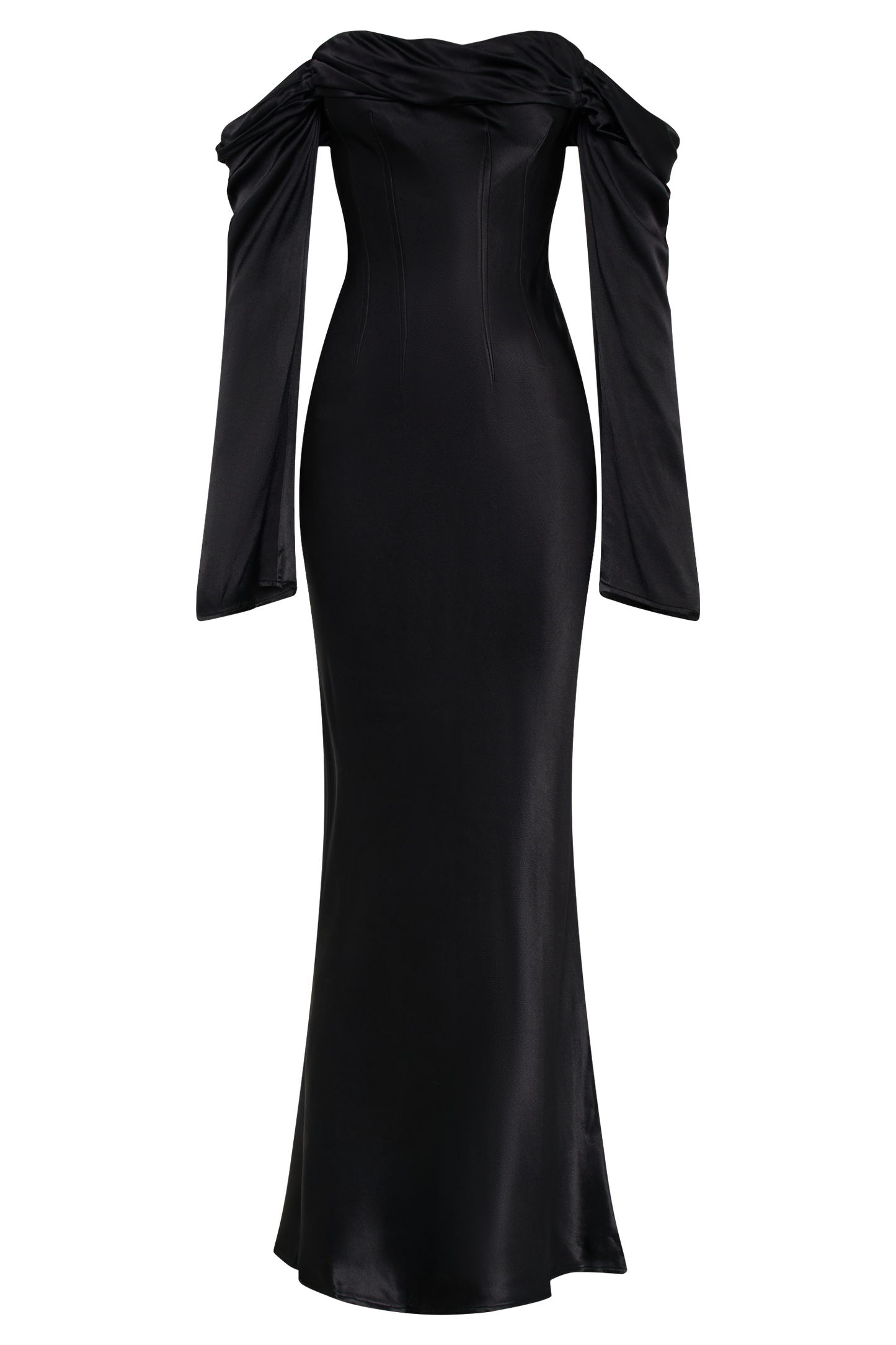 Vestido maxi negro con escote barco y drapeado de hombro a hombro Giselle
