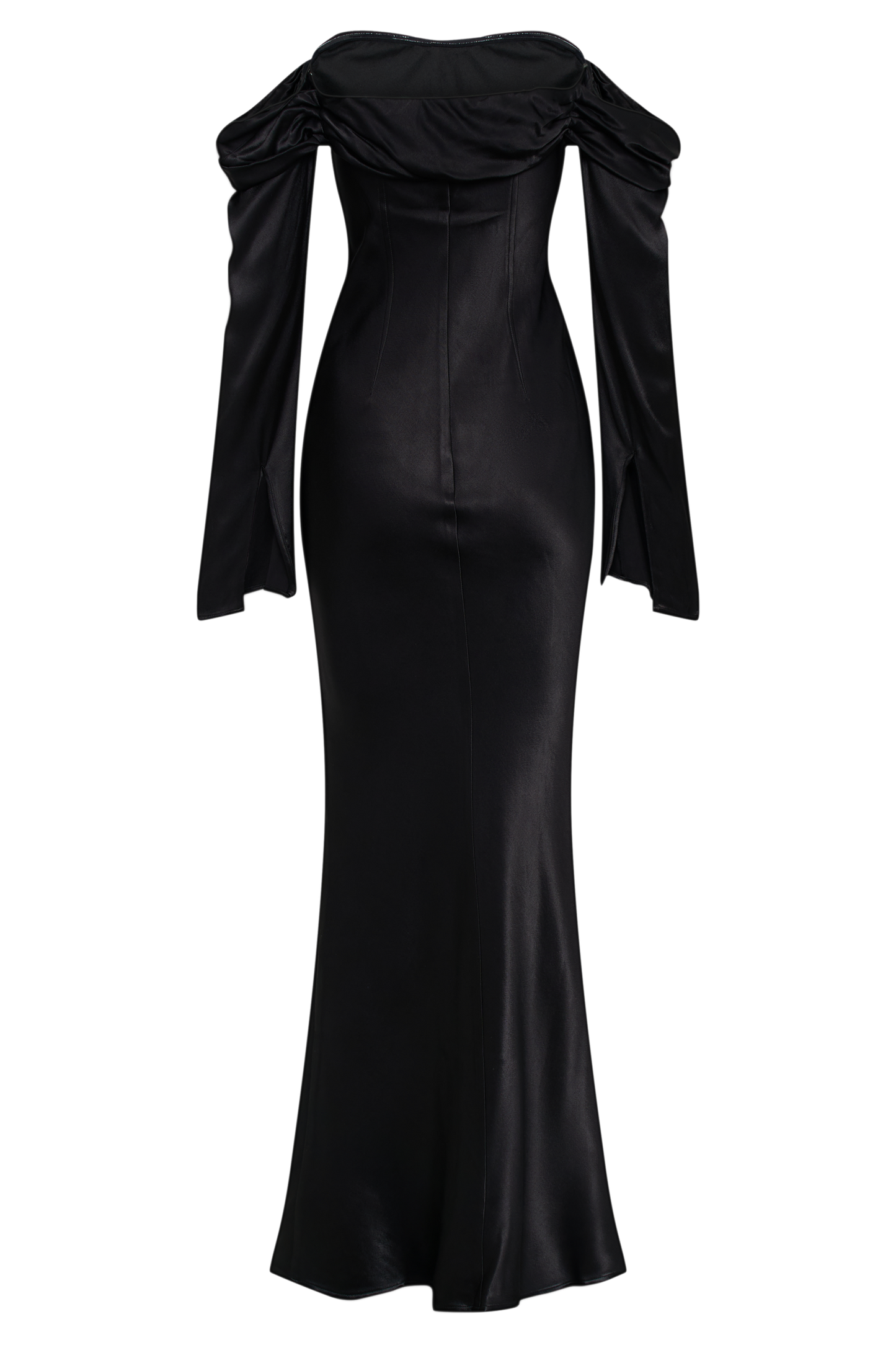 Vestido maxi negro con escote barco y drapeado de hombro a hombro Giselle