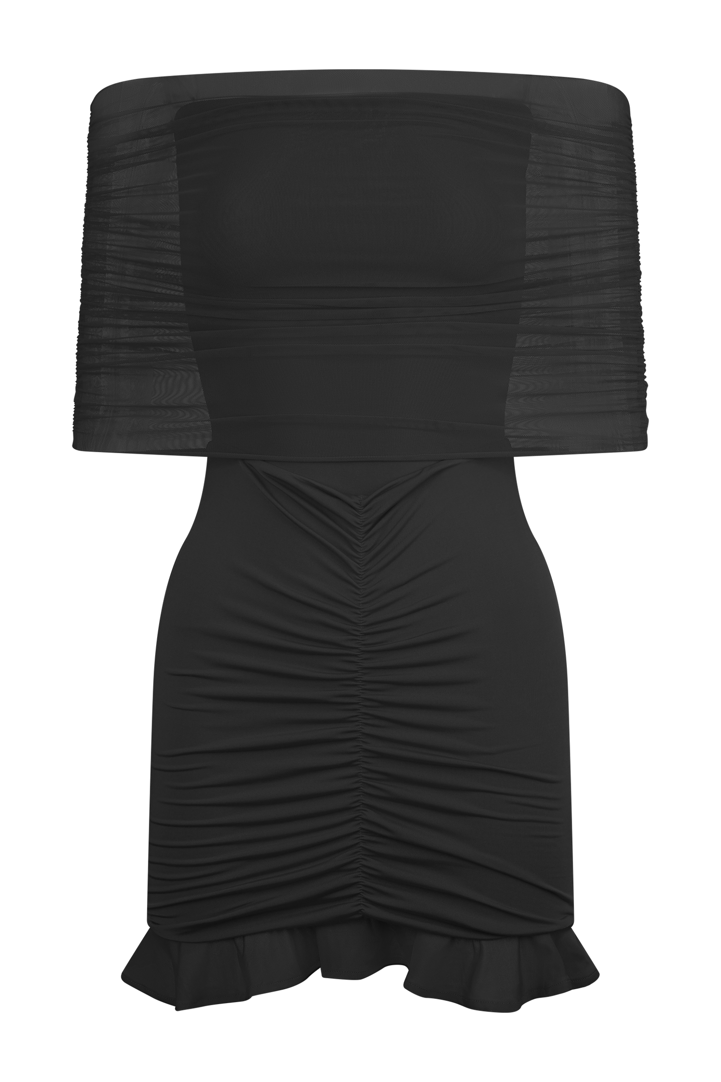 Vestido mini negro con malla y lazo en los hombros de Caspian