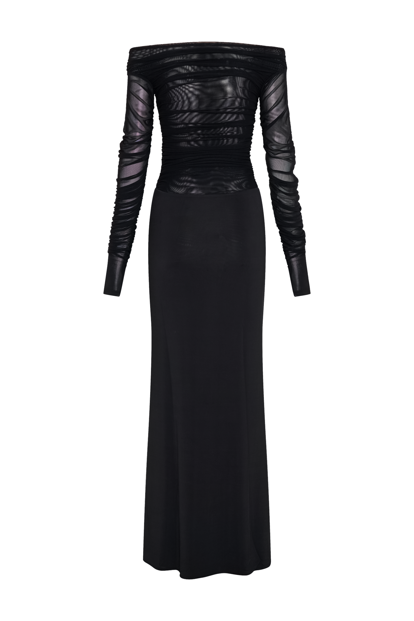 Vestido largo maxi negro con malla y efecto resorte en los hombros Darla