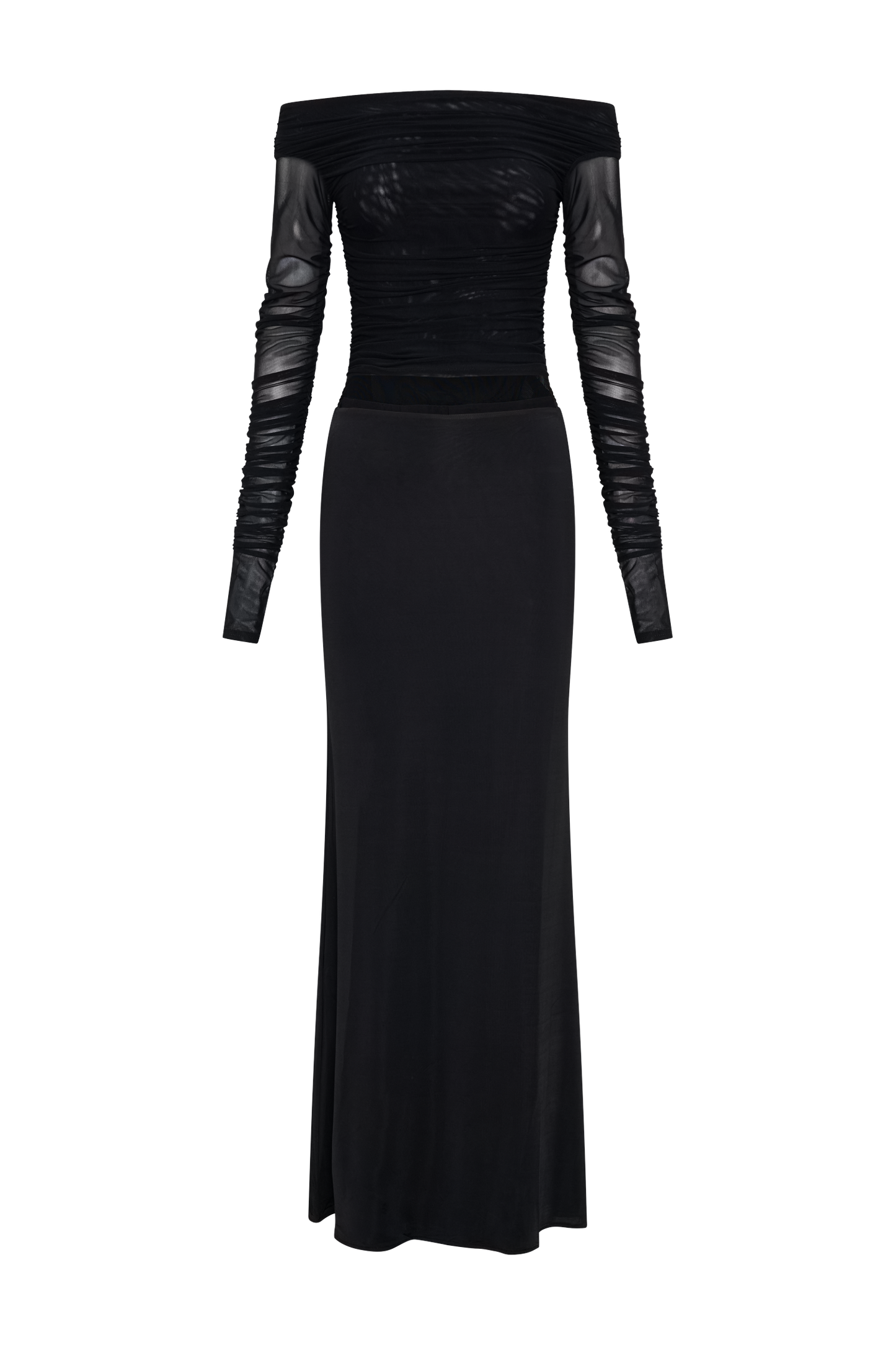Vestido largo maxi negro con malla y efecto resorte en los hombros Darla