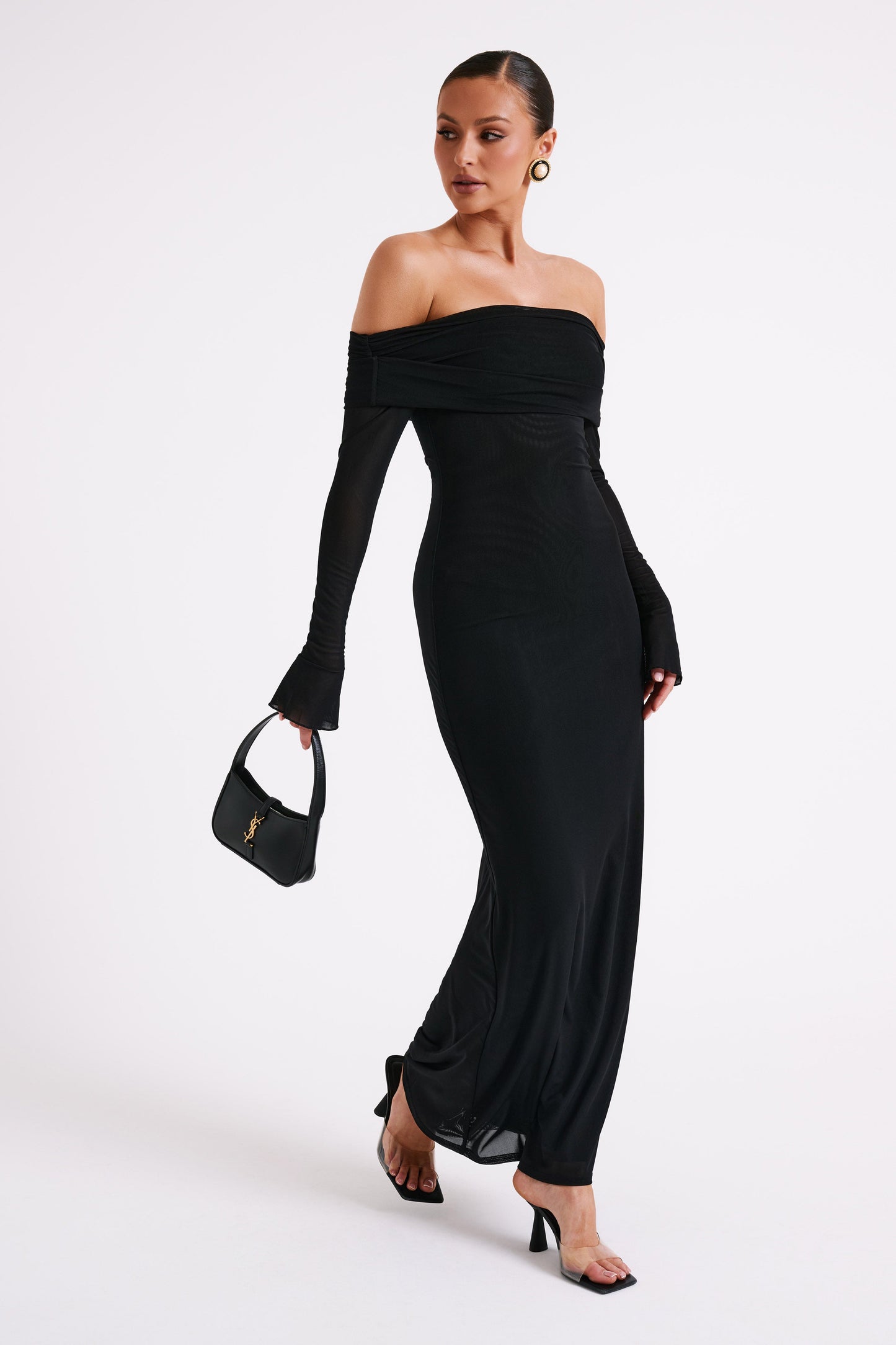 Vestido largo maxi transparente sin hombros Josie - Negro