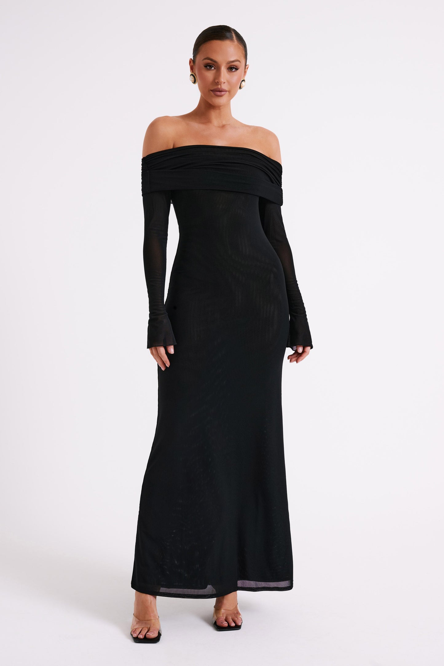 Vestido largo maxi transparente sin hombros Josie - Negro