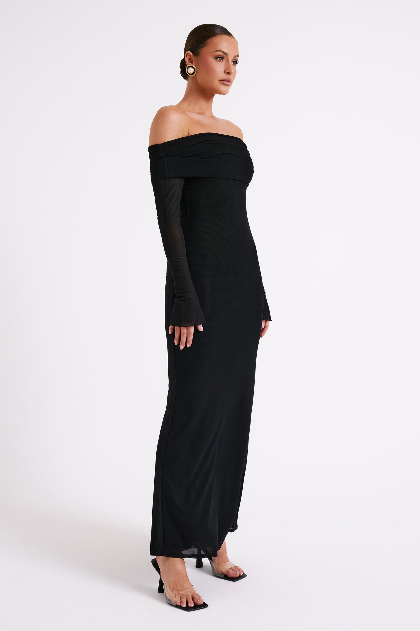Vestido largo maxi transparente sin hombros Josie - Negro