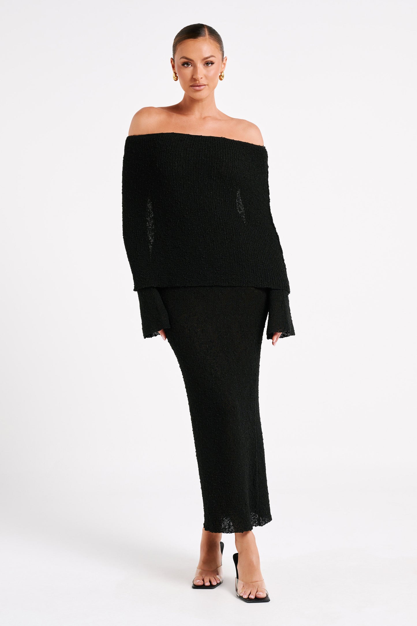 Vestido largo de boucle con hombros descubiertos Marisol - Negro