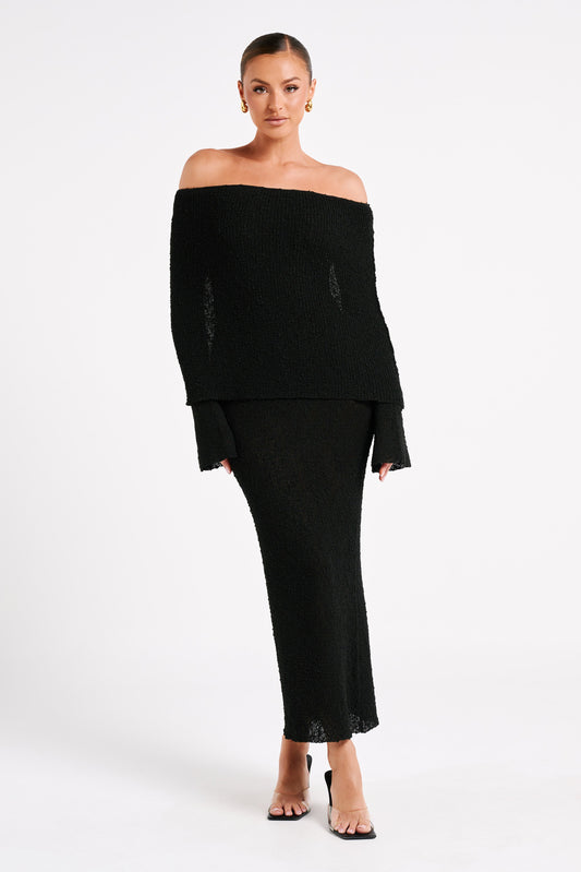 Vestido largo de boucle con hombros descubiertos Marisol - Negro