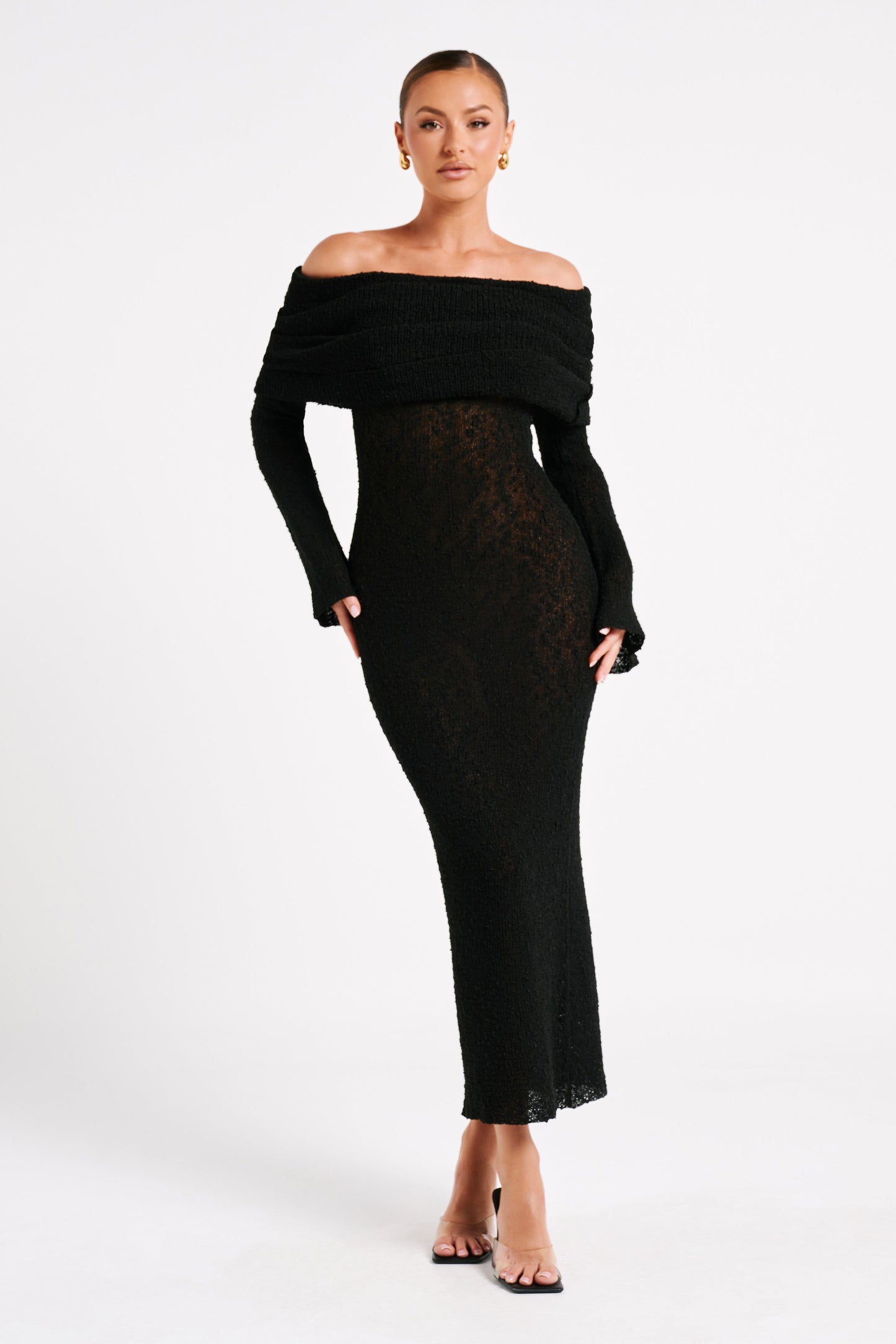 Vestido largo de boucle con hombros descubiertos Marisol - Negro