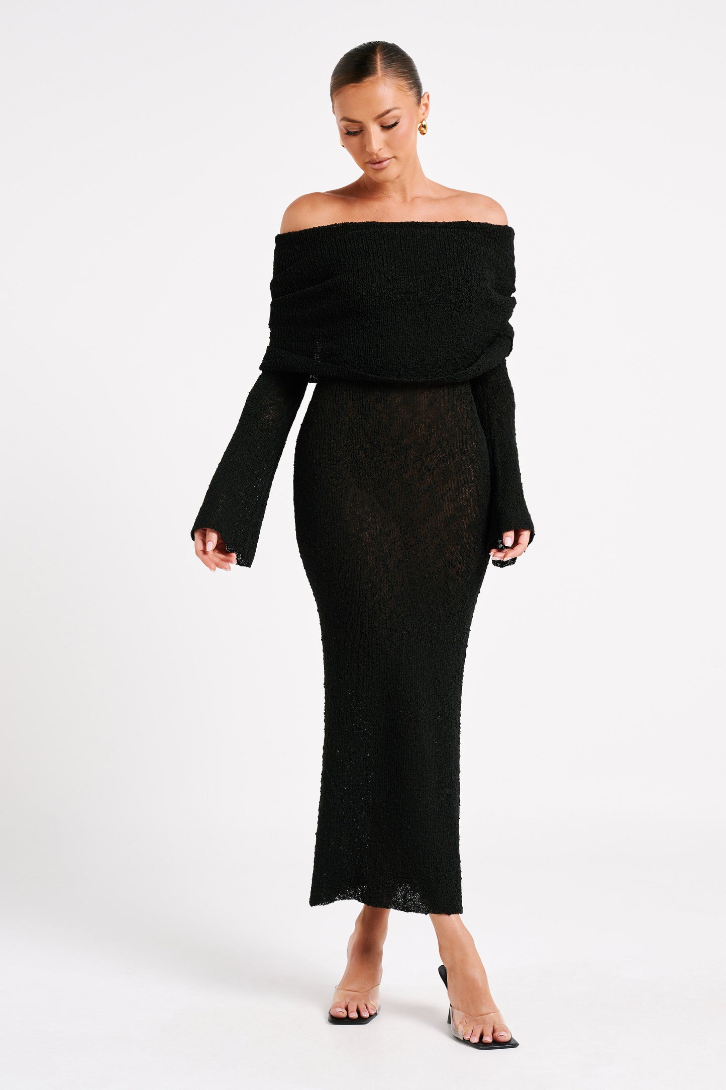 Vestido largo de boucle con hombros descubiertos Marisol - Negro