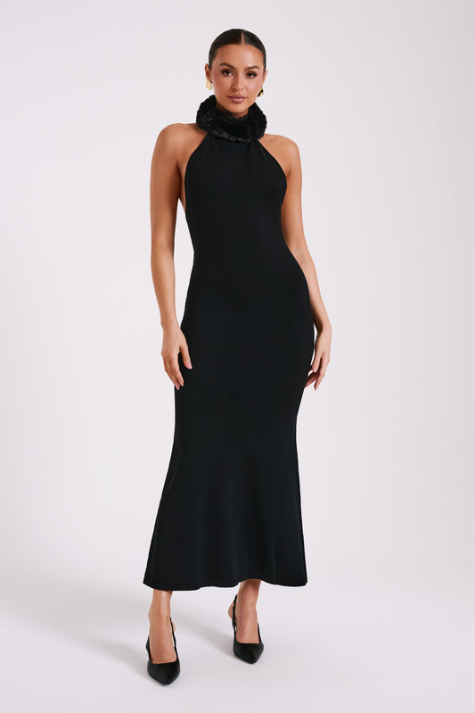 Vestido largo de punto Elva con ribete de pelo sintético - Negro