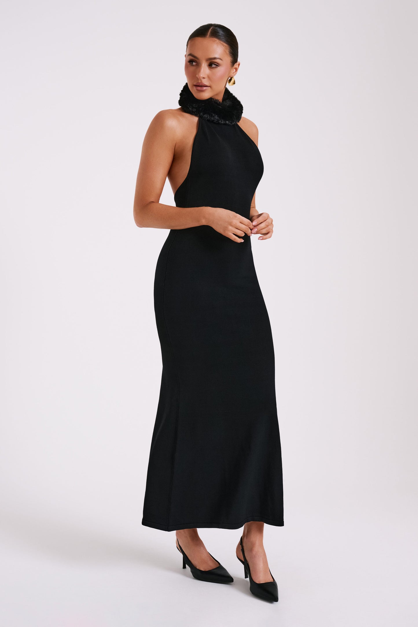 Vestido largo de punto Elva con ribete de pelo sintético - Negro
