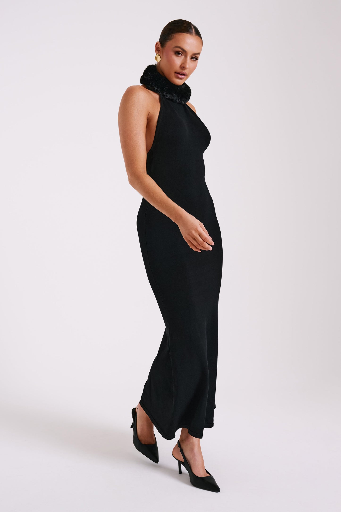 Vestido largo de punto Elva con ribete de pelo sintético - Negro