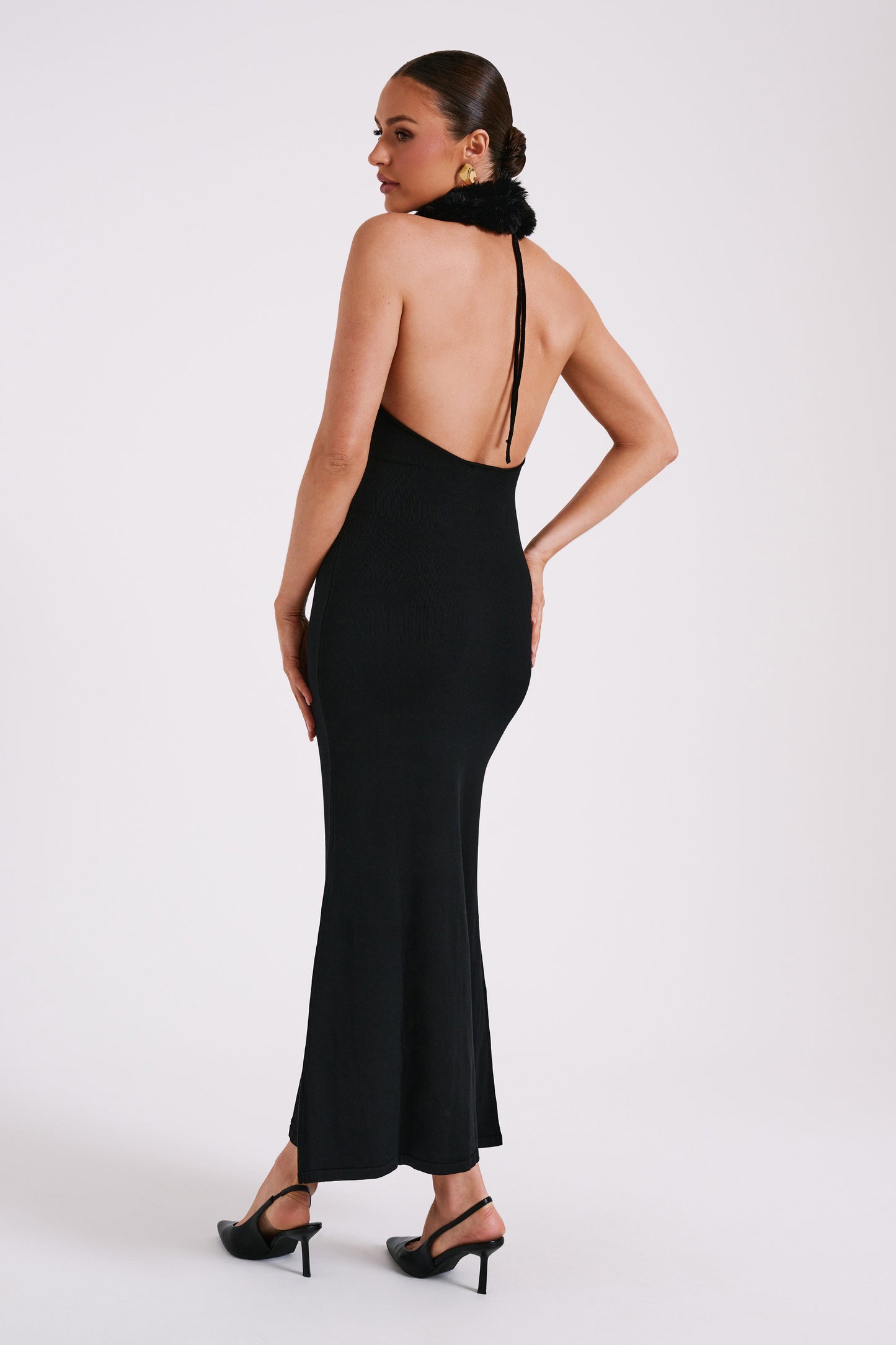 Vestido largo de punto Elva con ribete de pelo sintético - Negro