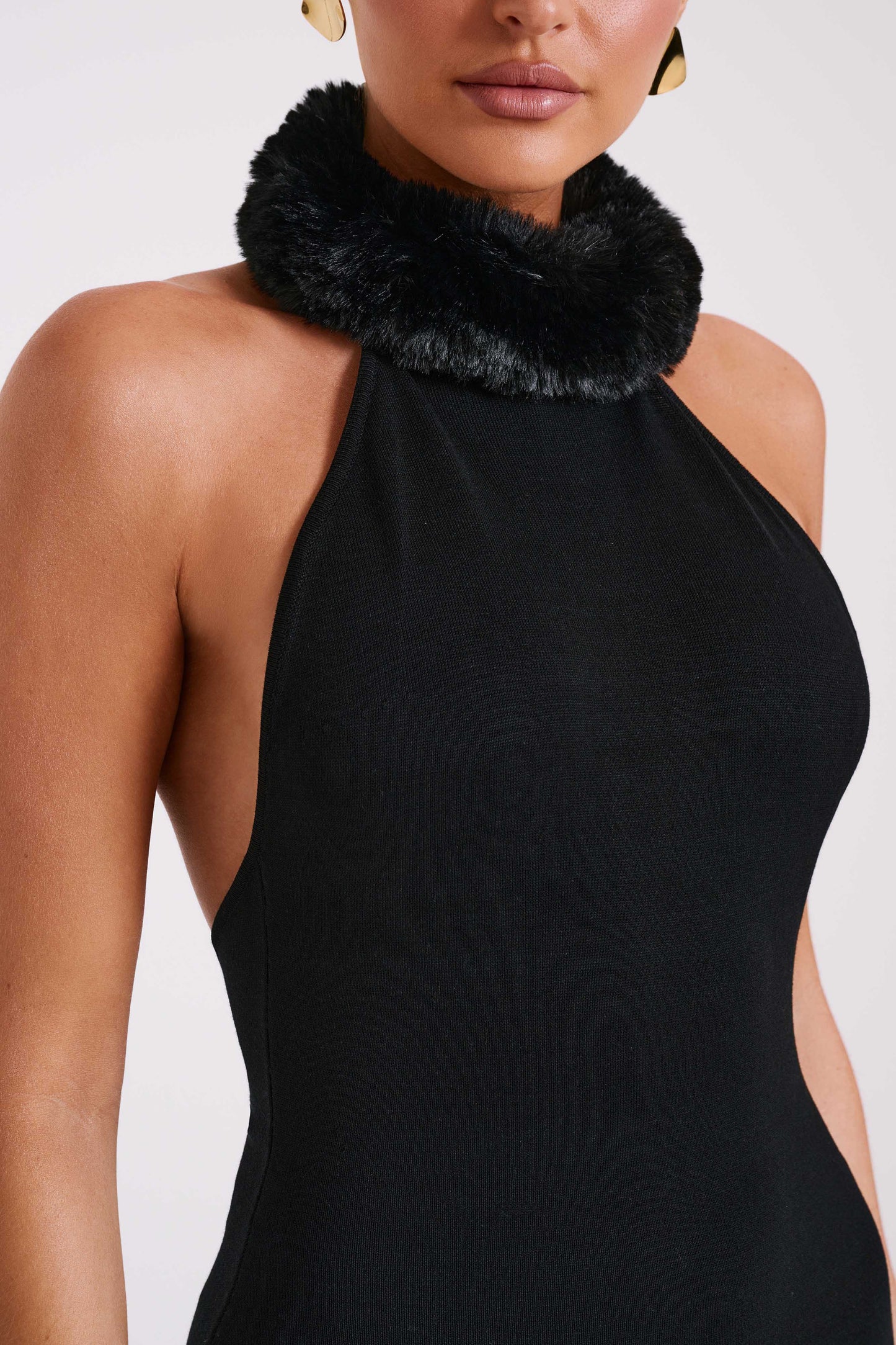 Vestido largo de punto Elva con ribete de pelo sintético - Negro