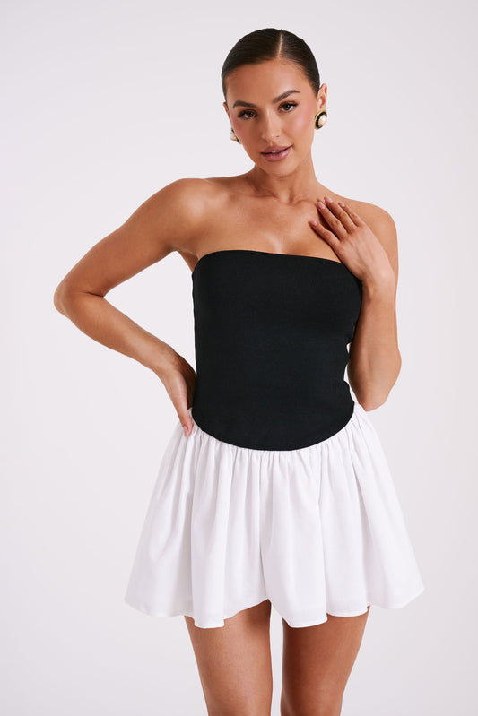 Vestido corto de punto y lino Hannah - Negro/blanco