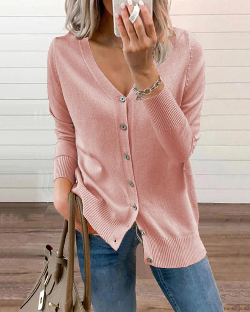 Blusa tricotada lisa con cierre de botones y escote en V para mujeres